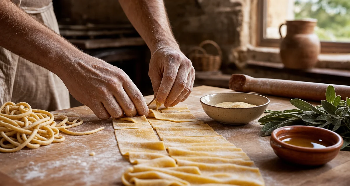 Hand-rolled pici and pappardelle on a floured wooden board in a Tuscan farmhouse kitchen, nonna pasta tradition