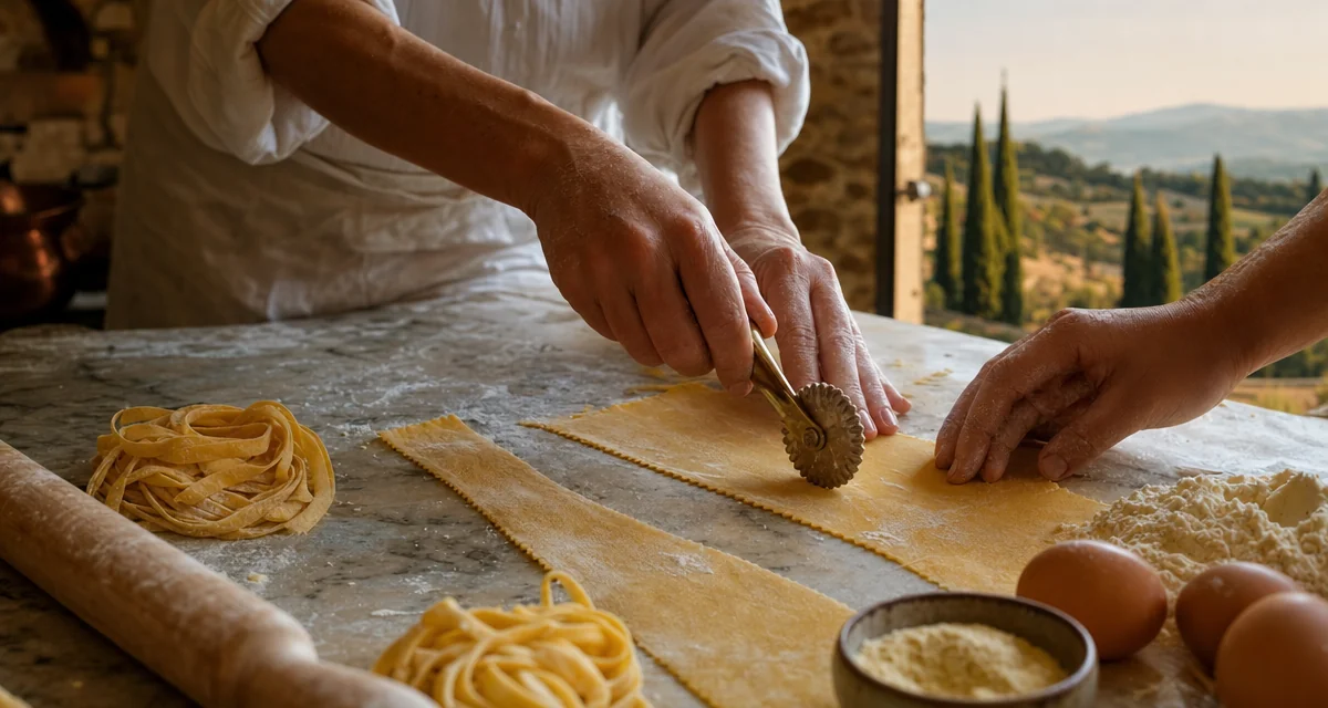 Hands rolling fresh pappardelle on marble at a Tuscan villa kitchen, pasta making class Florence