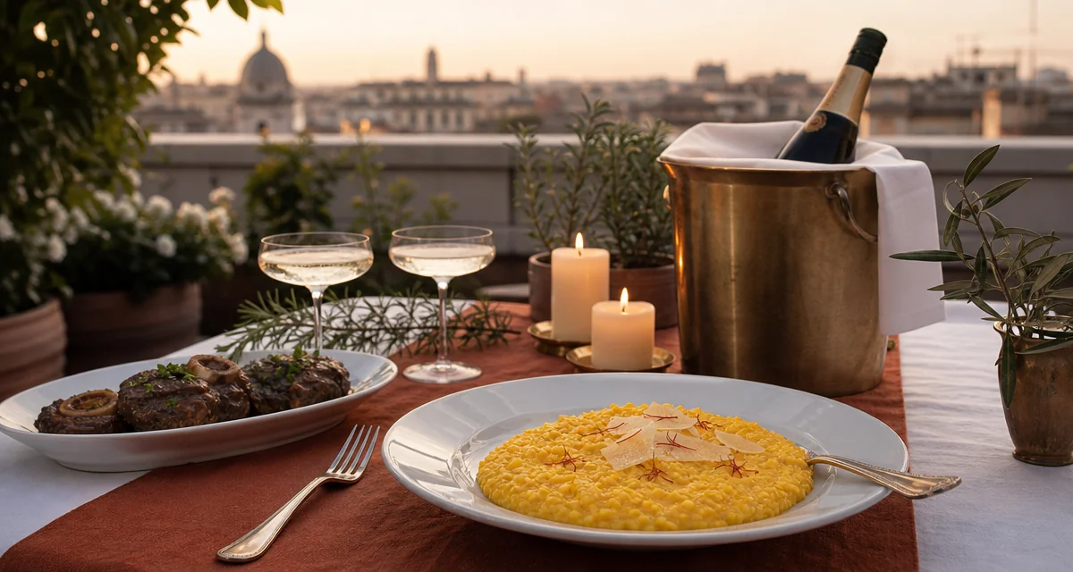 Terrazza milanese al tramonto con tavolo apparecchiato per cena privata, risotto alla milanese, ossobuco, Franciacorta in sec