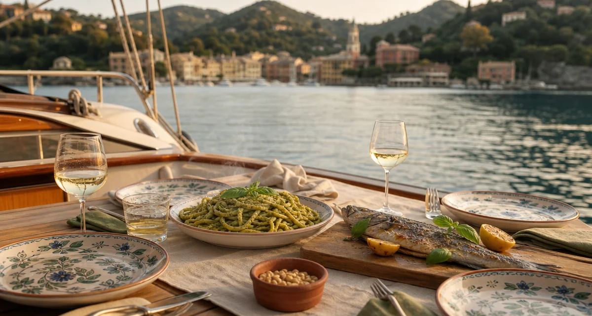 Stern deck table set for dinner on a yacht anchored off Portofino with branzino and Vermentino at golden hour