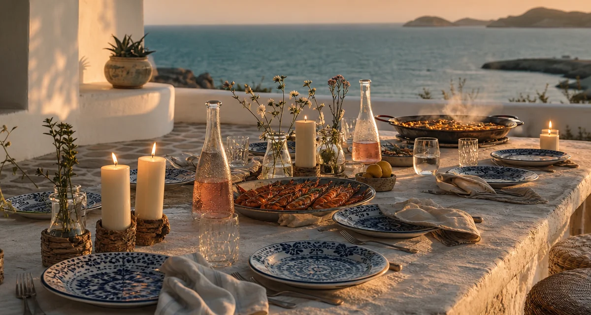 Long terrace table set for birthday dinner at an Ibiza villa, golden hour, Mediterranean dishes and candles