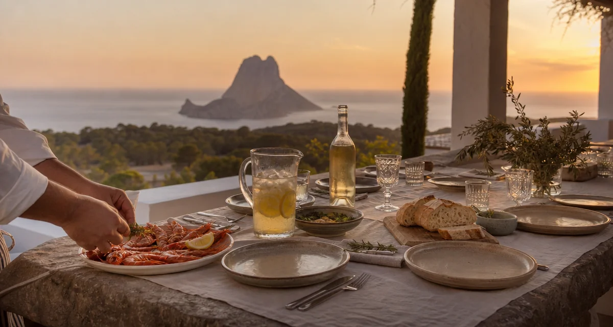 Ibiza villa terrace table at golden hour with grilled red prawns and Balearic white wine