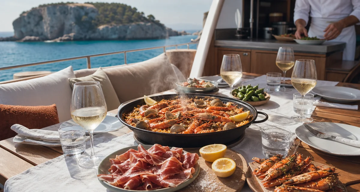 Yacht deck table with saffron paella, grilled gambas and Albarino glasses anchored off Ibiza in turquoise water