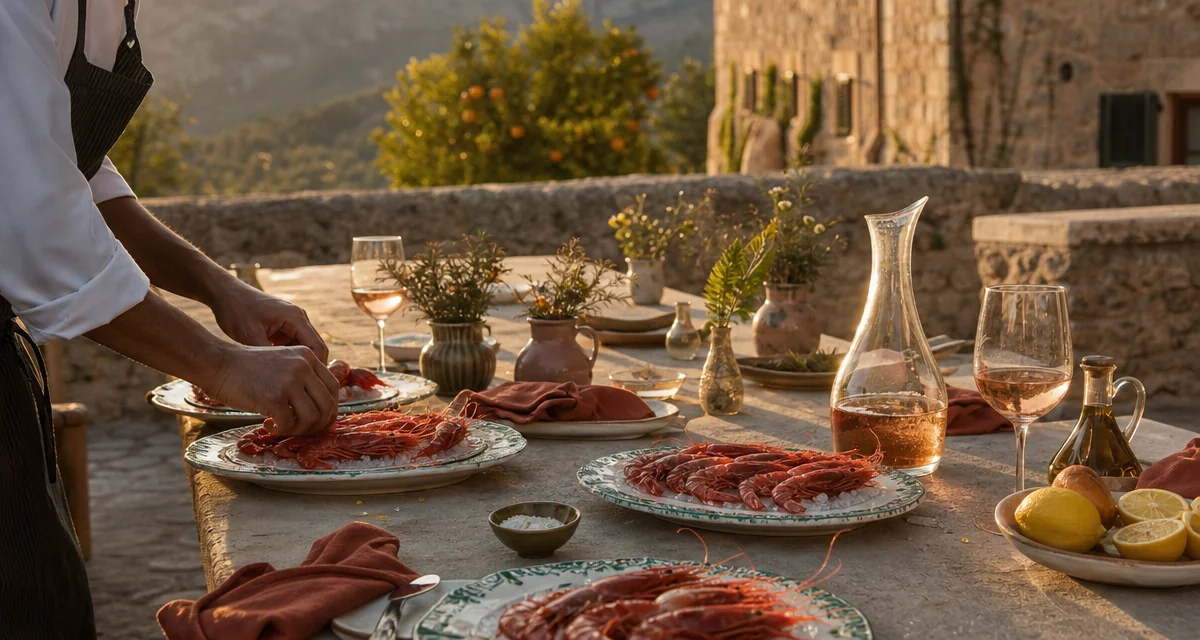 Finca terrace dinner table at golden hour in Mallorca with gambas rojas, rose wine and Serra de Tramuntana hills