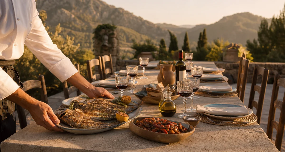 Long finca terrace table at Mallorca golden hour with grilled dorada and Binissalem wine glasses