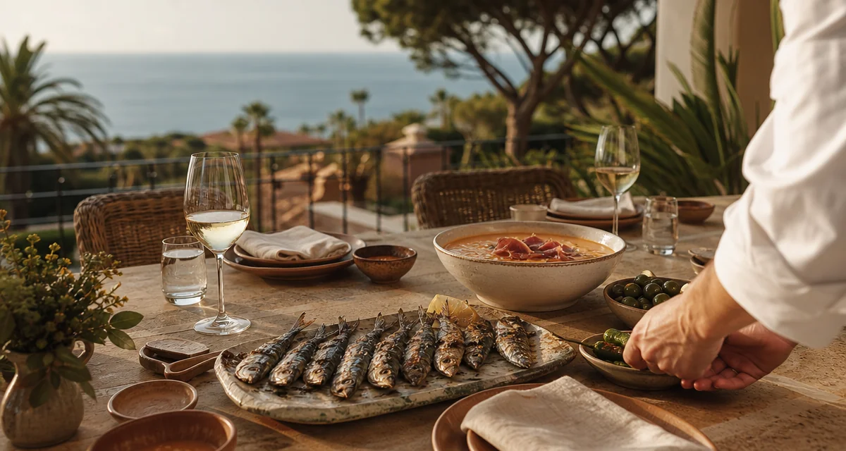 Marbella villa terrace dining table at sunset with espeto sardines and Andalusian wine glasses