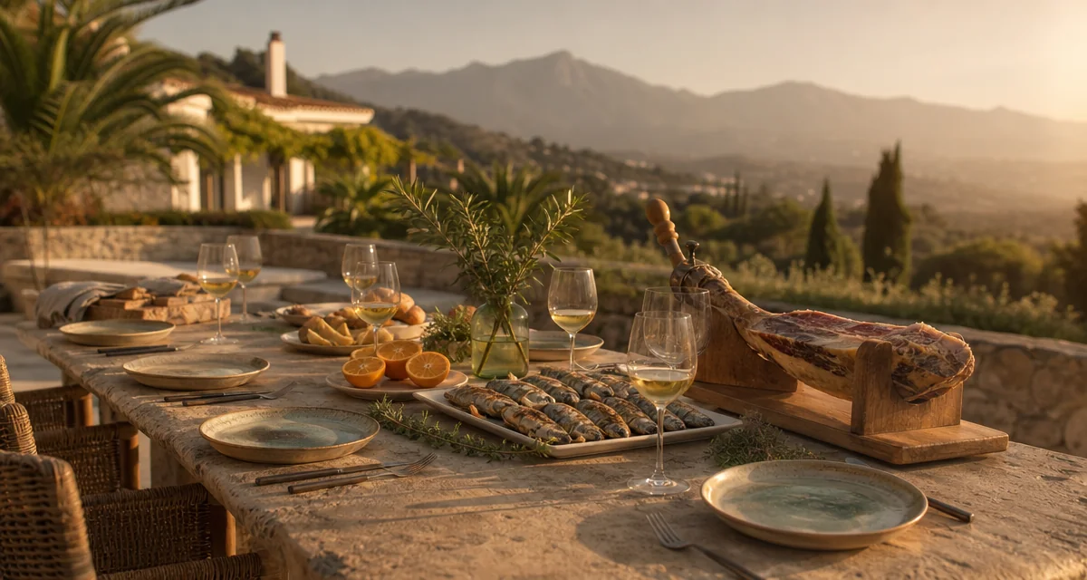 Golf villa terrace table at Marbella sunset with espeto sardines, Manzanilla sherry and Andalusian cuisine spread