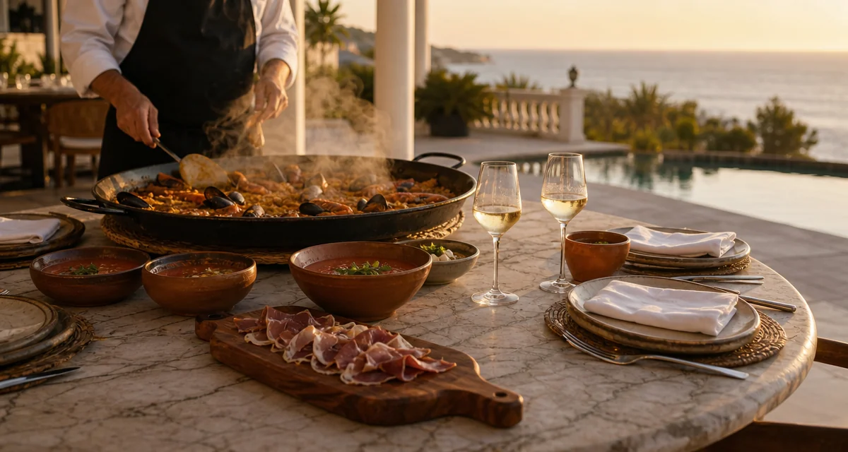 Marbella villa terrace at golden hour with live paella pan, gazpacho and Manzanilla Sherry overlooking the Mediterranean