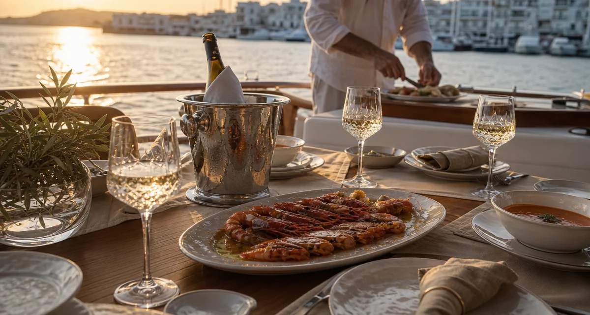Yacht deck dining table at Marbella golden hour with Malaga red prawns and Manzanilla Sherry, Puerto Banus marina