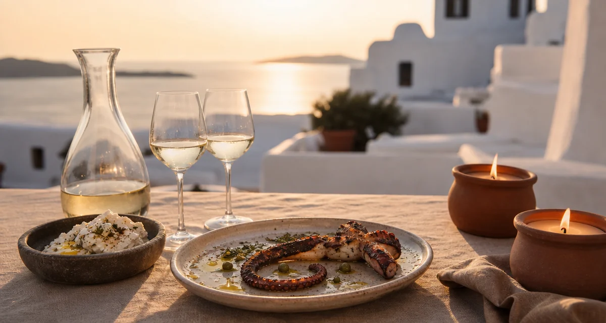 Cycladic villa terrace dinner at dusk with grilled octopus, kopanisti and Assyrtiko, Mykonos