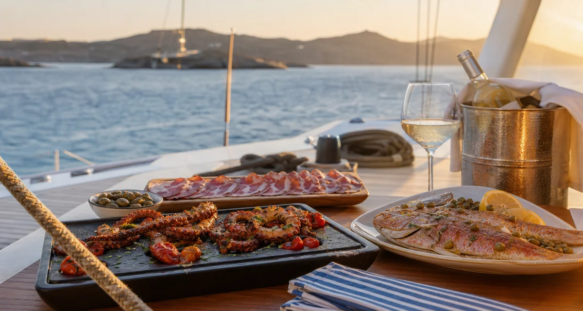 Grilled octopus and Assyrtiko wine on a yacht deck table at sunset off Mykonos with Delos in view