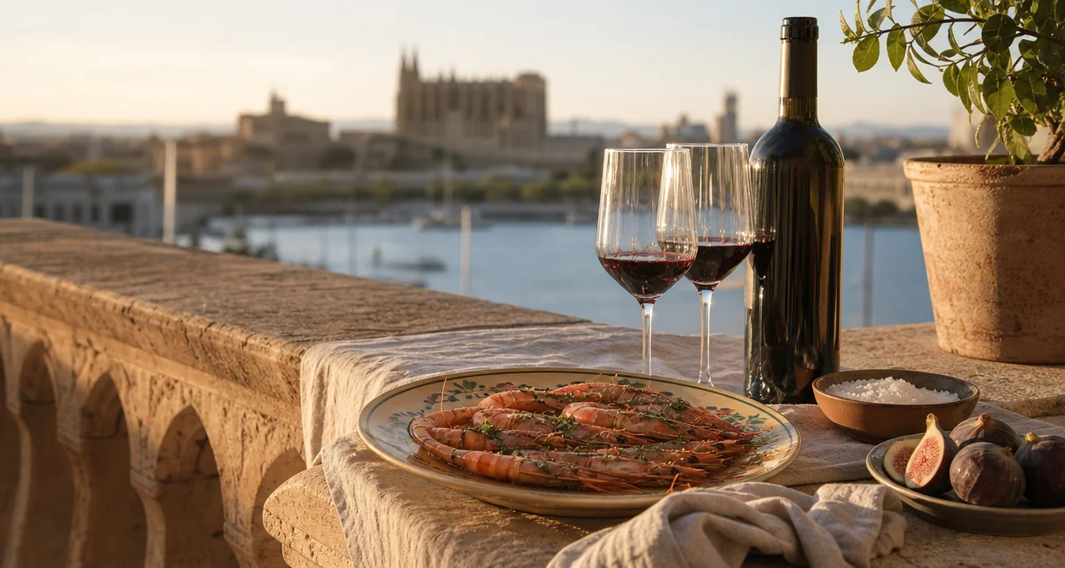 Palma de Mallorca terrace dinner table at golden hour with gambas, Binissalem wine and Balearic ceramics