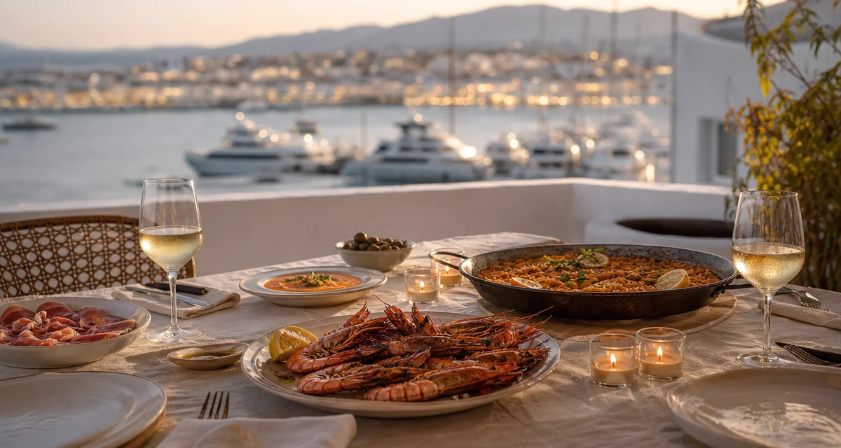 Villa terrace dinner at Puerto Banus marina with gambas rojas, saffron paella and Malaga wine at golden hour