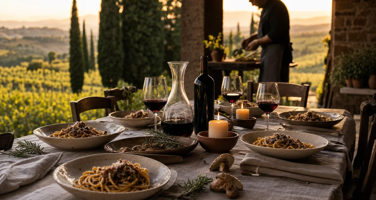 Stone terrace table in a Tuscan farmhouse at golden hour with handmade pici pasta, Chianti Classico and chef plating