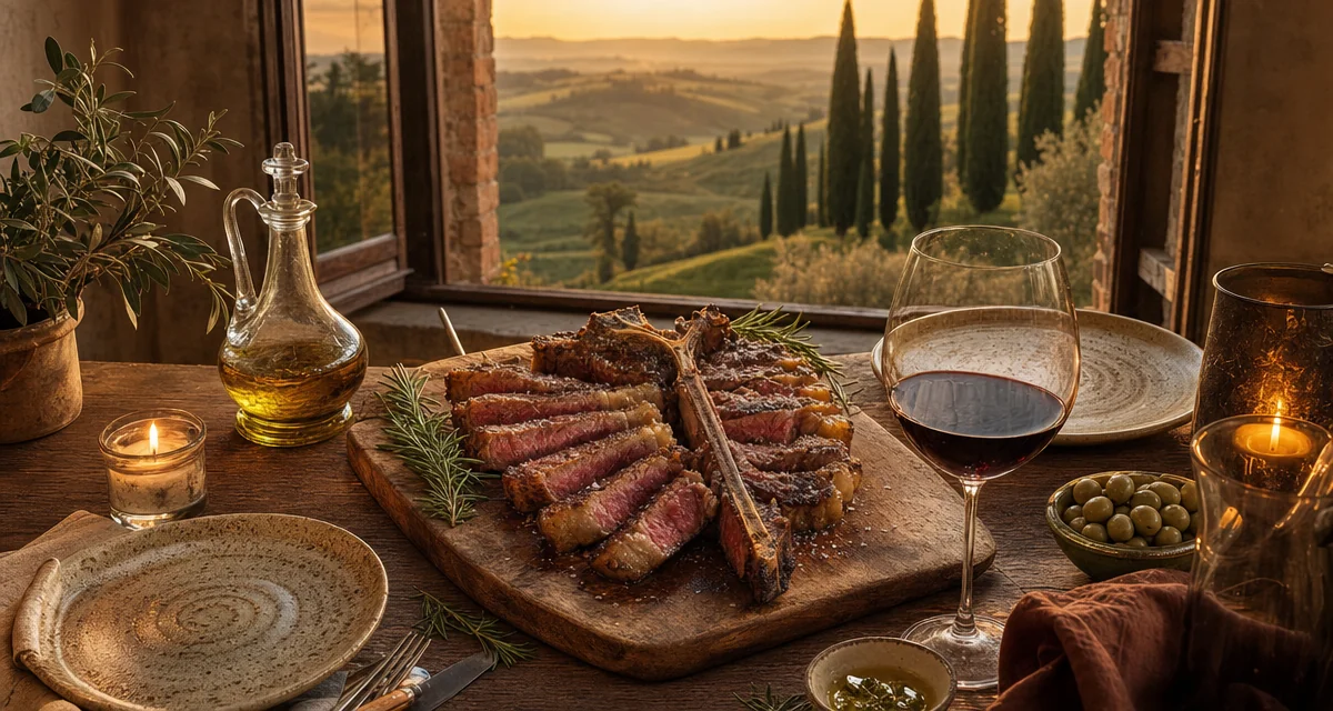 Tuscan villa table at sunset with bistecca alla fiorentina and Brunello di Montalcino