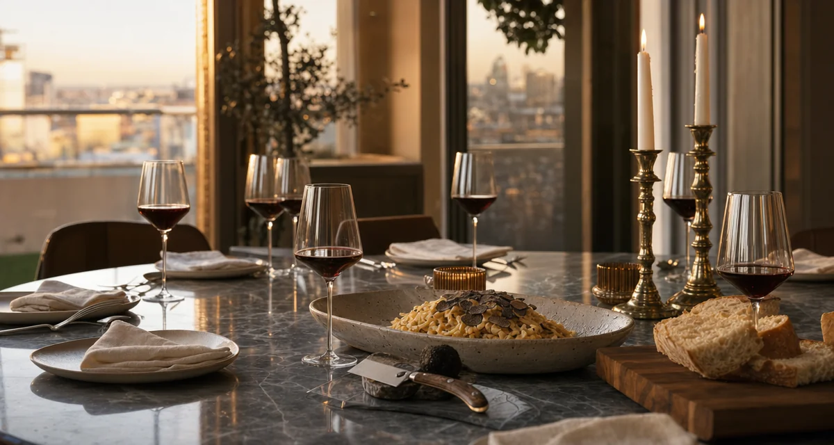 Tavola elegante per cena privata con chef a domicilio: pasta al tartufo, calici Brunello e candele, Italia 2026