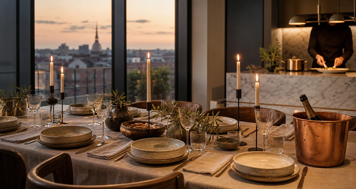 Tavola elegante a Milano al tramonto con chef che impiatta risotto, calici e Franciacorta