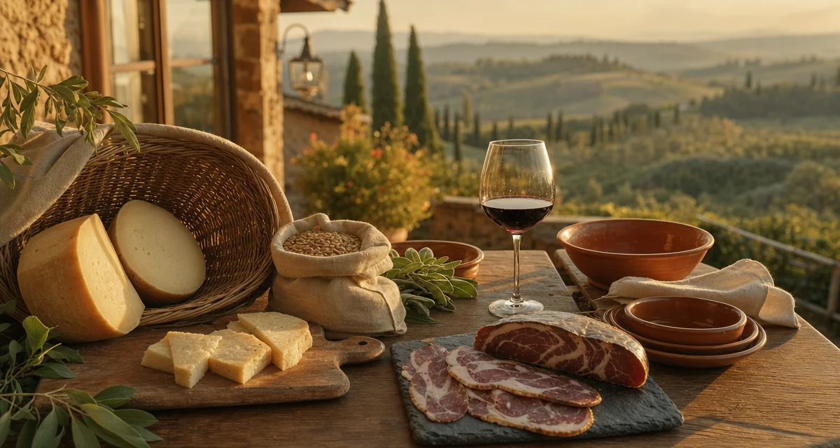 Slow Food Tuscany villa terrace table: cinta senese, Pecorino, Garfagnana spelt and Chianti Classico at golden hour