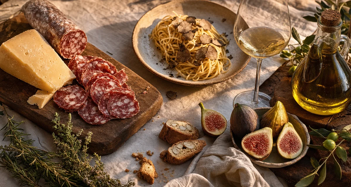 Tuscan food experiences spread: cinta senese salami, pecorino di Pienza, black truffle tagliolini, Vernaccia di San Gimignano