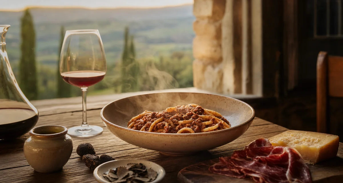 Tuscan trattoria table with pici al ragù, Cinta Senese salumi, pecorino and Chianti Classico at golden hour