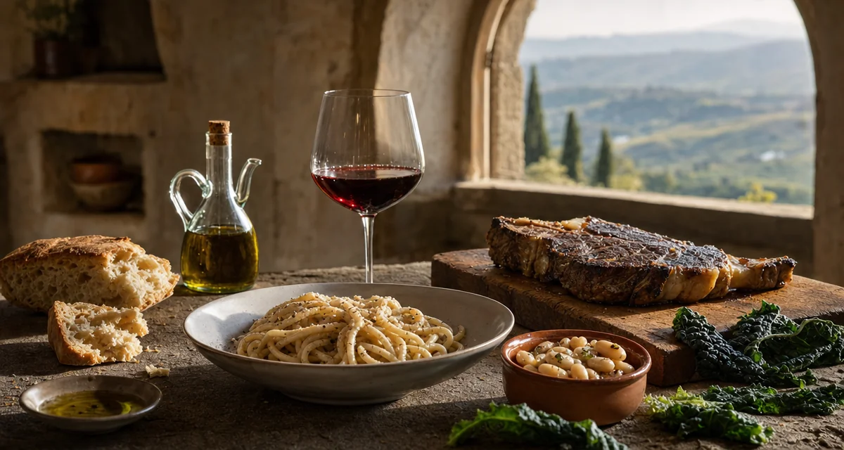 Stone table with pici cacio e pepe, bistecca alla fiorentina and Chianti Classico in a Tuscan farmhouse kitchen