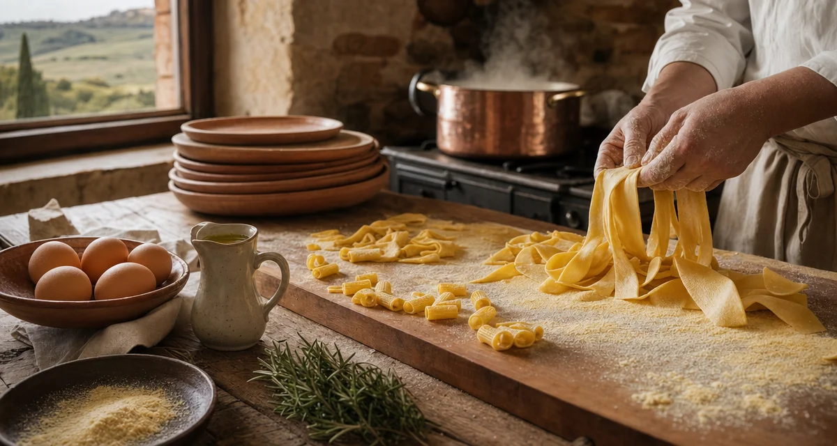 Fresh pasta workshop at a Tuscan villa kitchen: hands shaping pappardelle on a semolina-dusted board