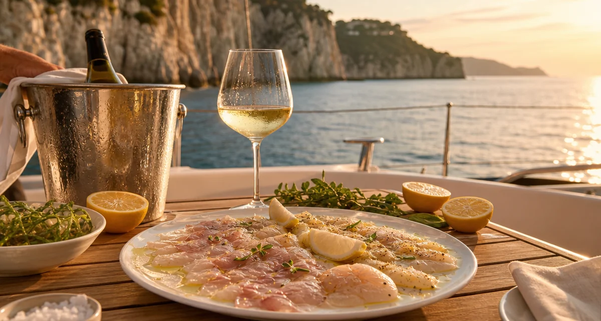 Crudo di mare and Falanghina on a yacht aft deck at sunset off the Italian coast, private chef dining