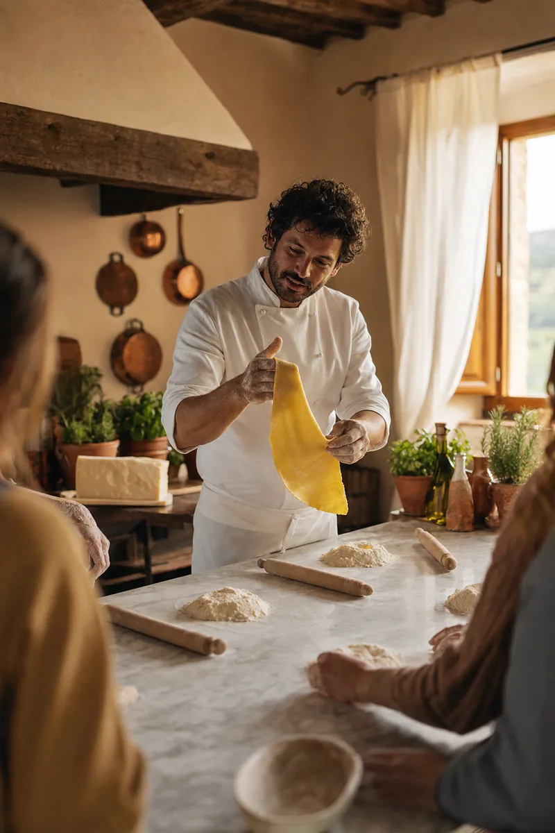 Tuscan private chef holding fresh pasta sheet during a Pasta Class with a group of guests in a Florence villa kitchen