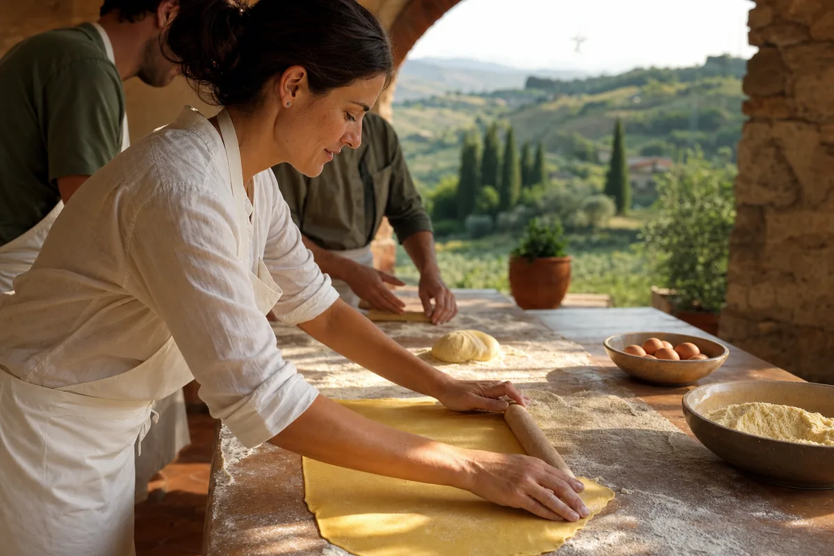 Female Tuscan chef rolling fresh egg pasta with a wooden mattarello during a Pasta Class on a villa patio in Tuscany