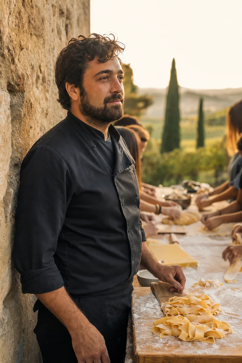 Bearded Tuscan chef at a vineyard villa patio during golden hour with guests working pasta in the background, Tuscany