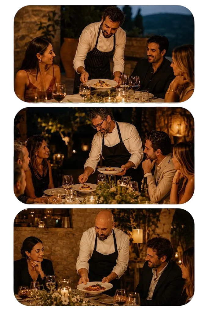 Private chef serving dinner course-by-course on a Tuscan villa patio at night during a Pasta Class & Dinner Experience — three moments with guests