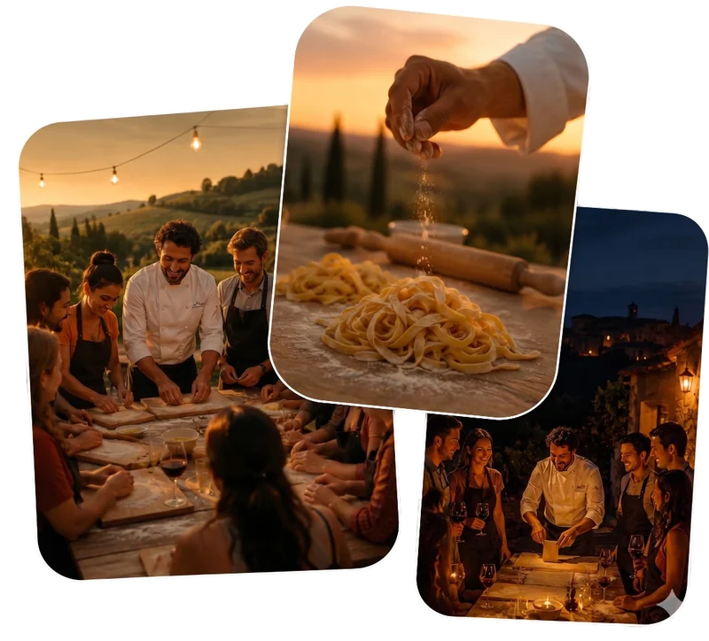 Pasta Class & Dinner Experience in Tuscany — chef teaching guests to roll fresh pasta at a Tuscan villa patio at sunset, close-up of tagliatelle being floured, dinner served on the patio at night