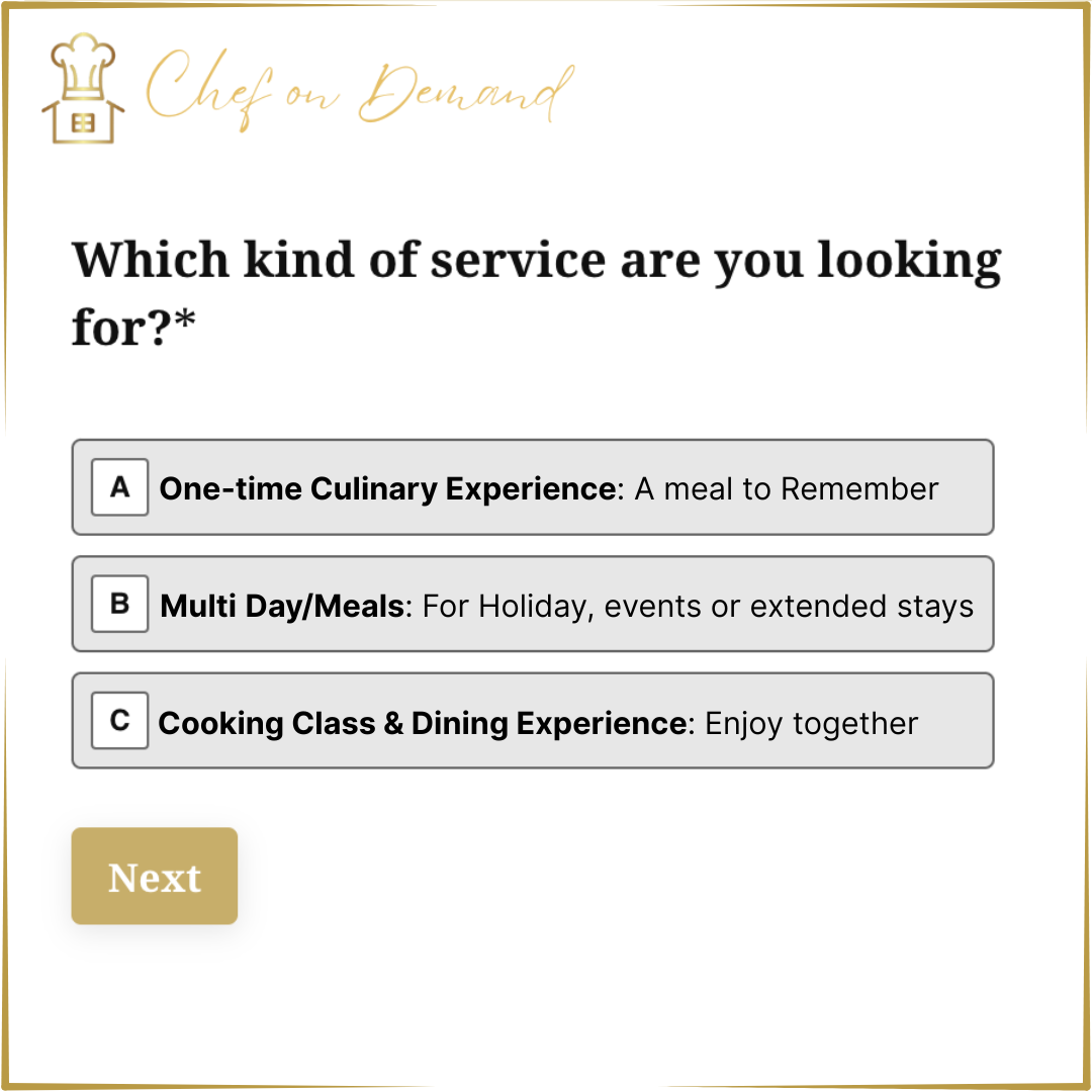 A preview of Chef On Demand's inquiry form to hire a private chef